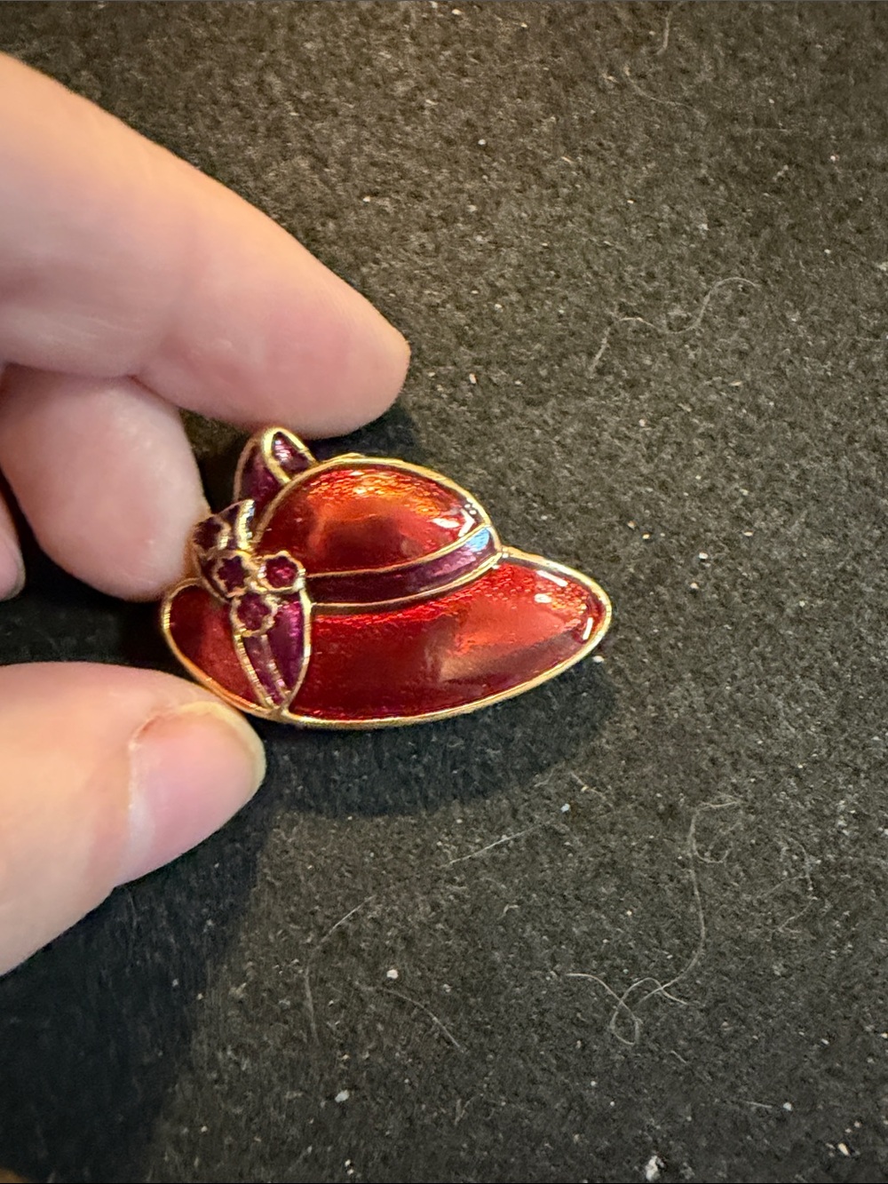 Red Enamel Hat Brooch with Gold Trim